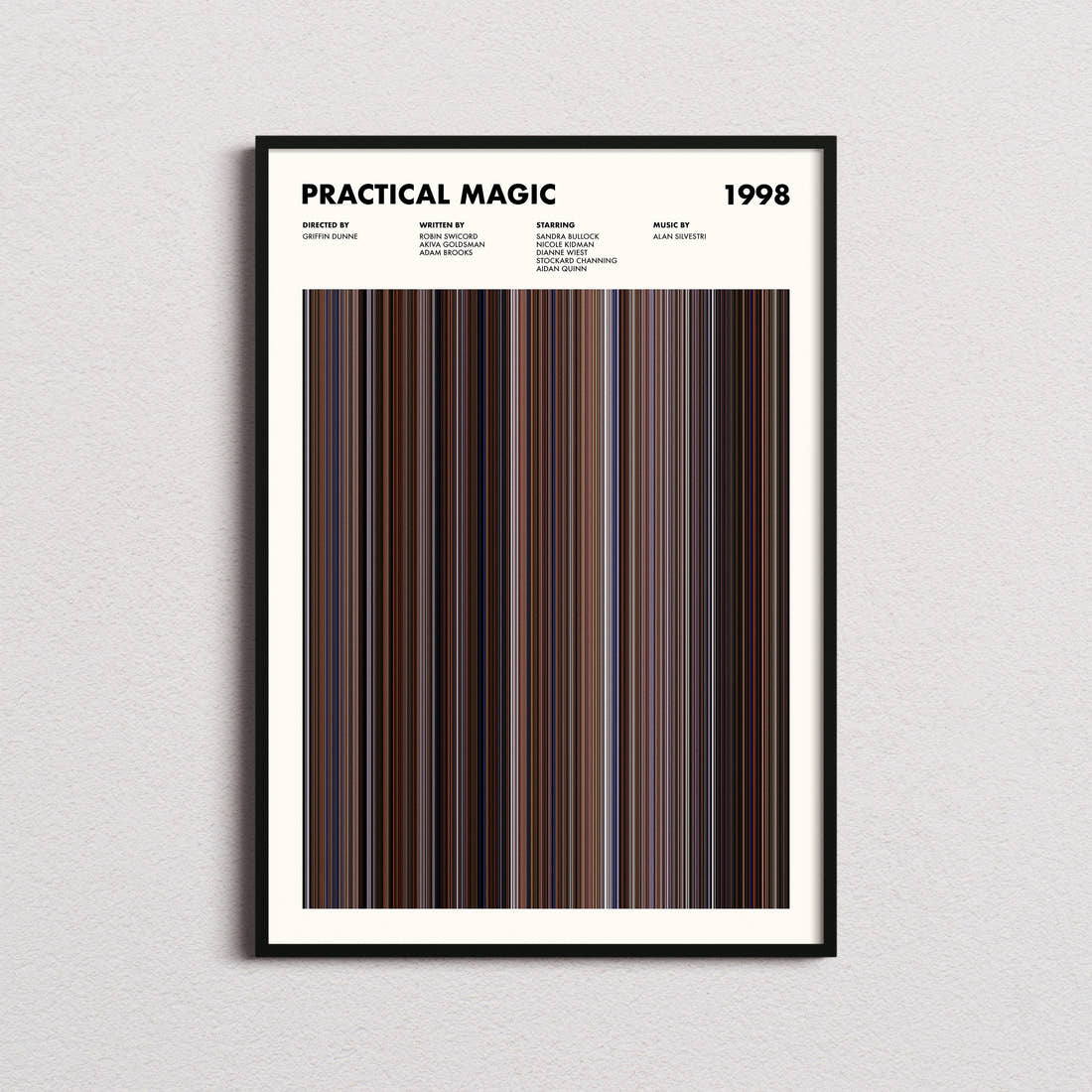 Practical Magic Movie Barcode Poster framed on a plain studio wall