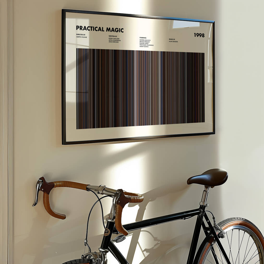 Practical Magic Movie Barcode Poster framed on the wall of a styled room setting