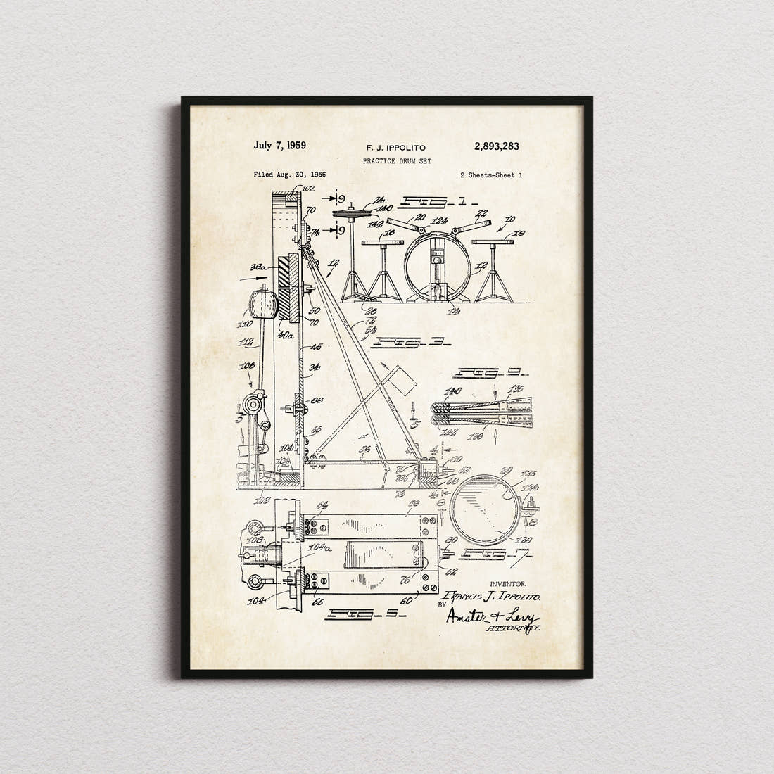 Practice Drum Set Patent Print in the aged paper colourway, framed