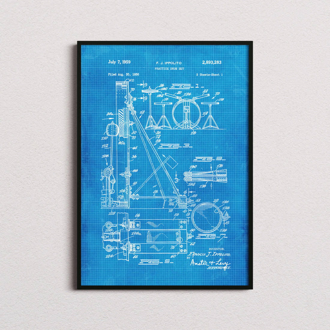 Practice Drum Set Patent Print in the blueprint colourway, framed