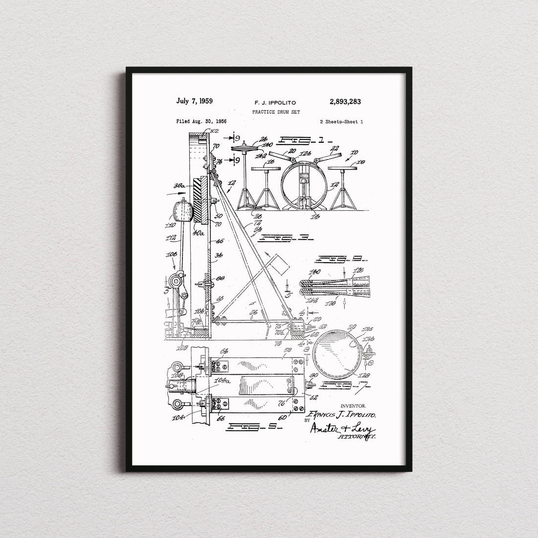 Practice Drum Set Patent Print in the white colourway, framed