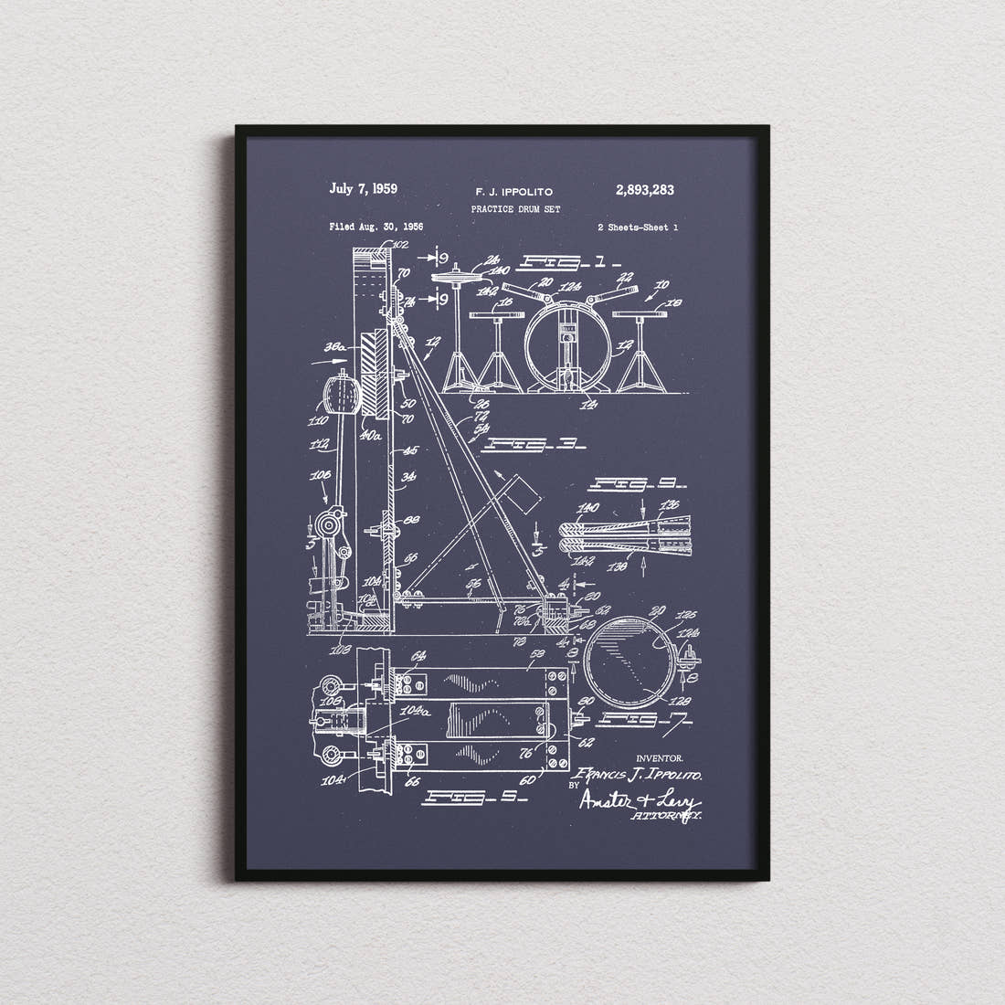 Practice Drum Set Patent Print in the navy colourway, framed