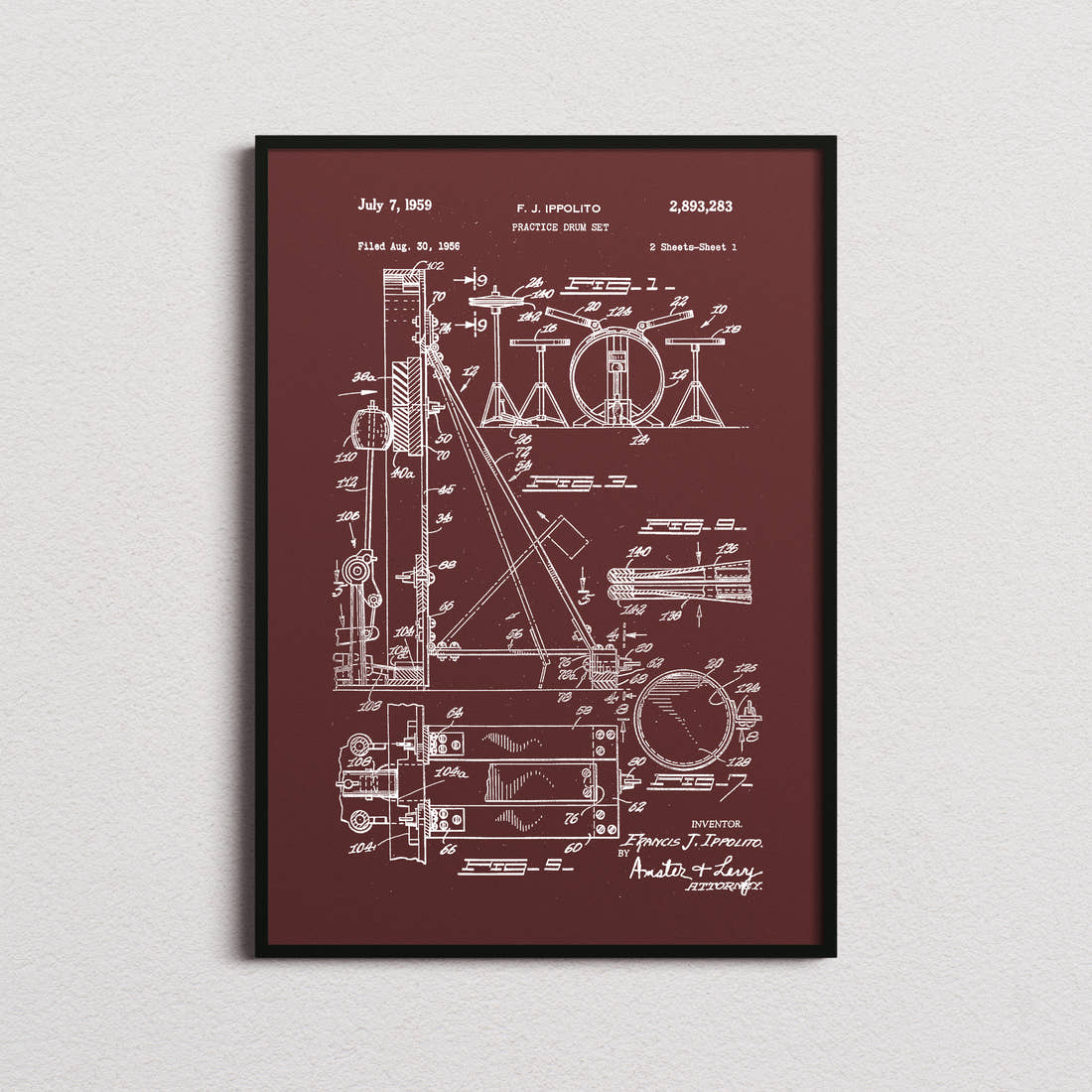 Practice Drum Set Patent Print in the burgundy colourway, framed