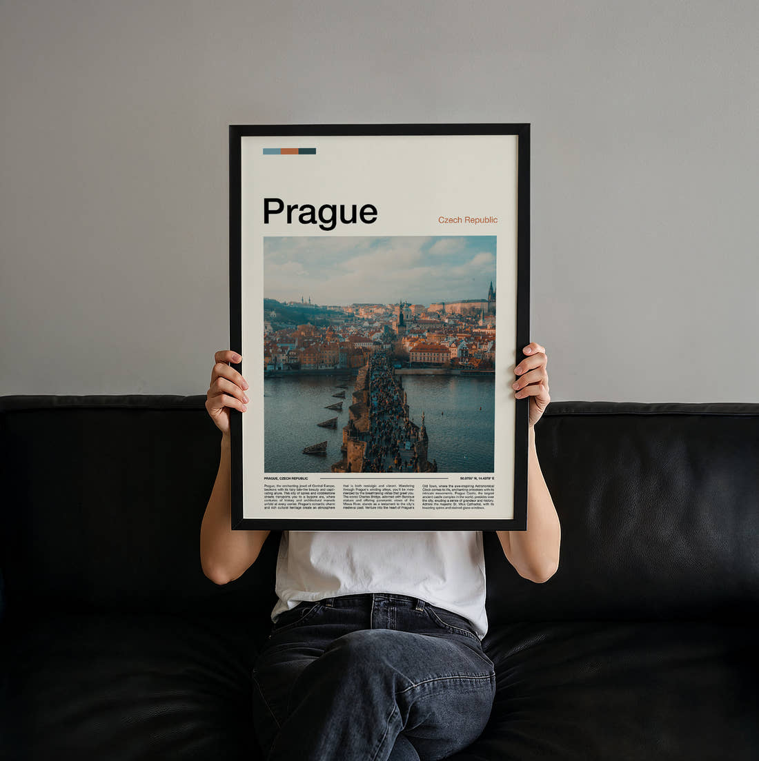 Prague Charles Bridge Travel Print held up by hand to show the size of the print
