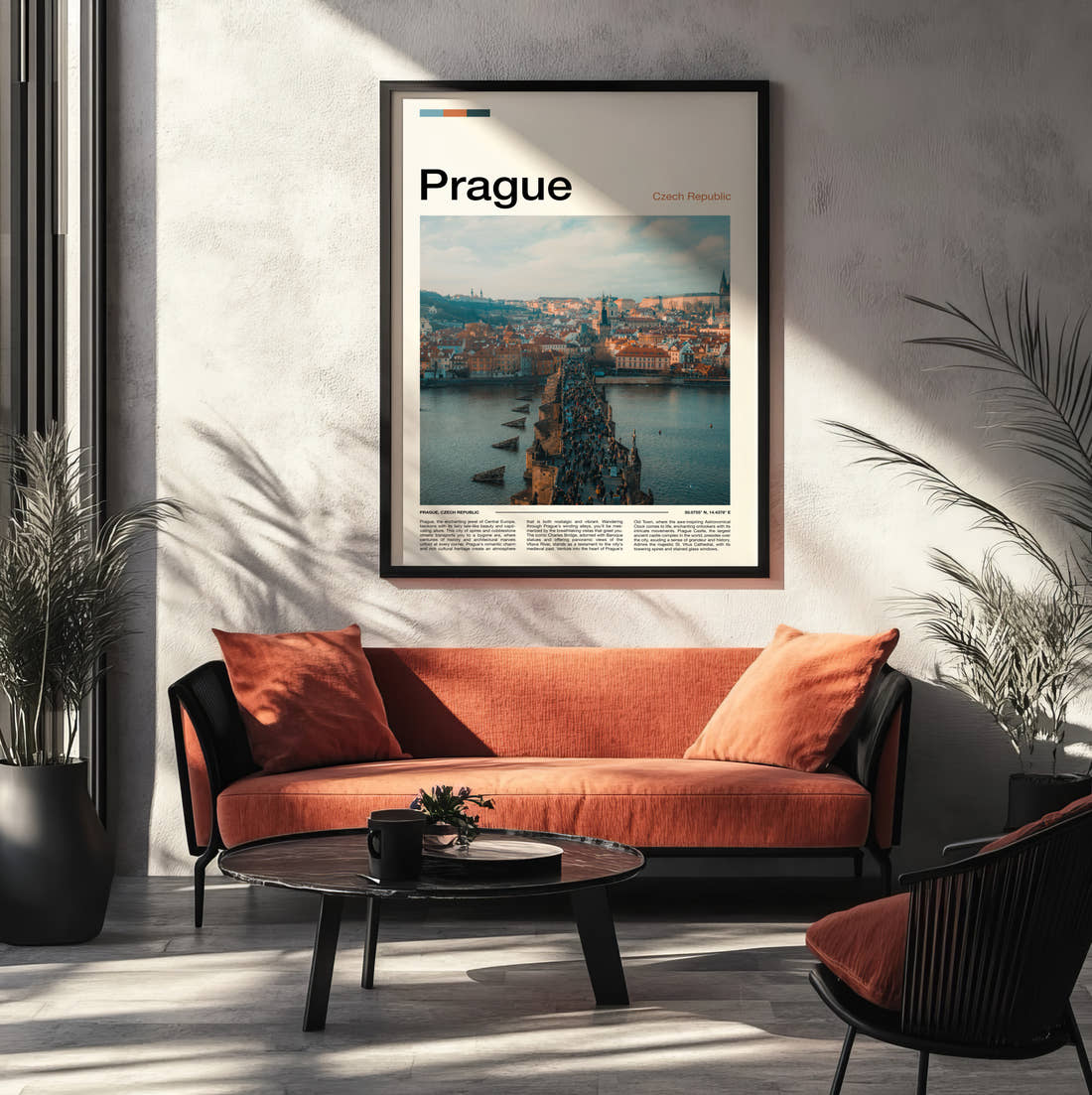 Prague Charles Bridge Travel Print framed on the wall of a modern living room