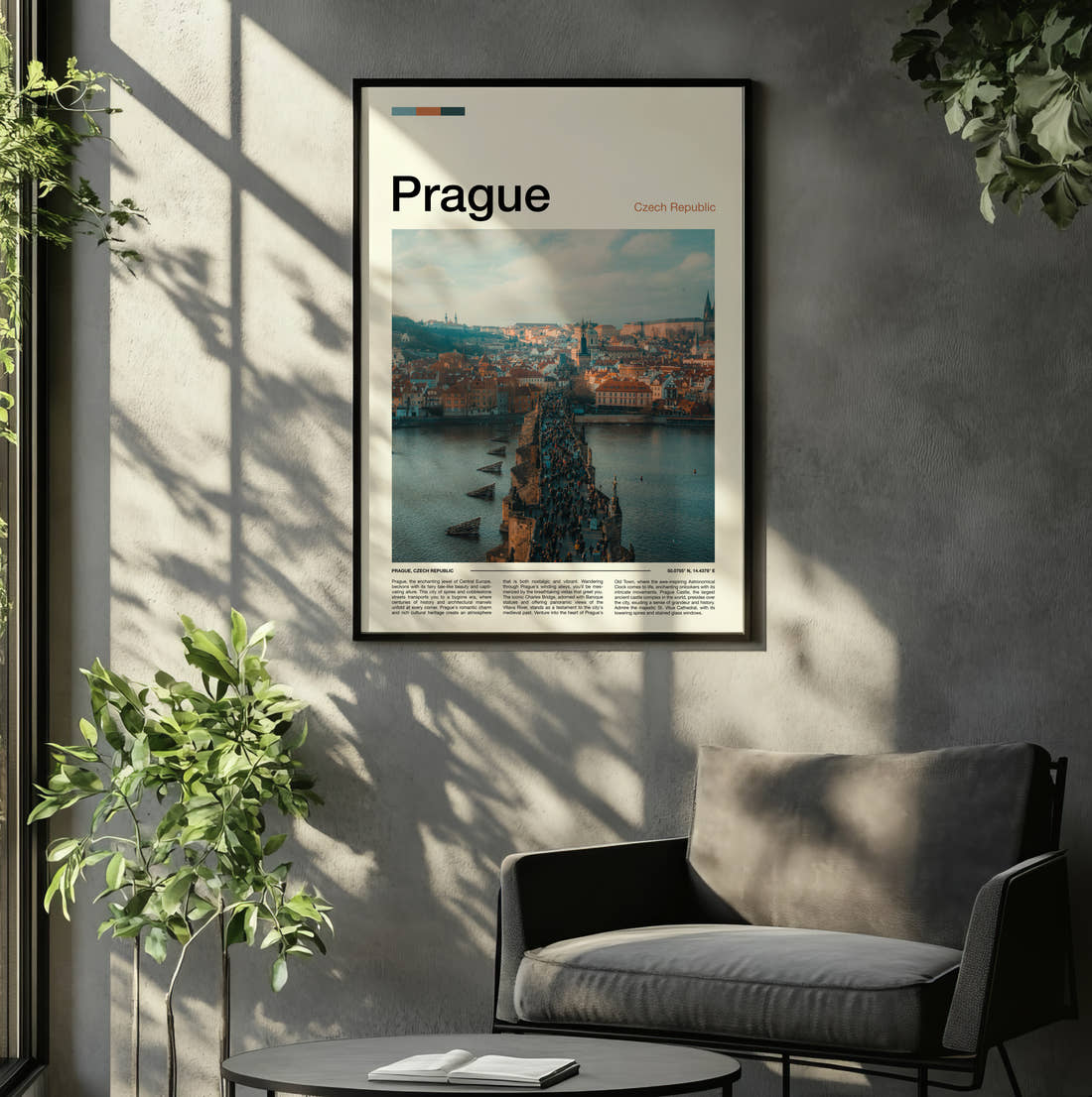 Prague Charles Bridge Travel Print framed on the wall of a relaxed living room