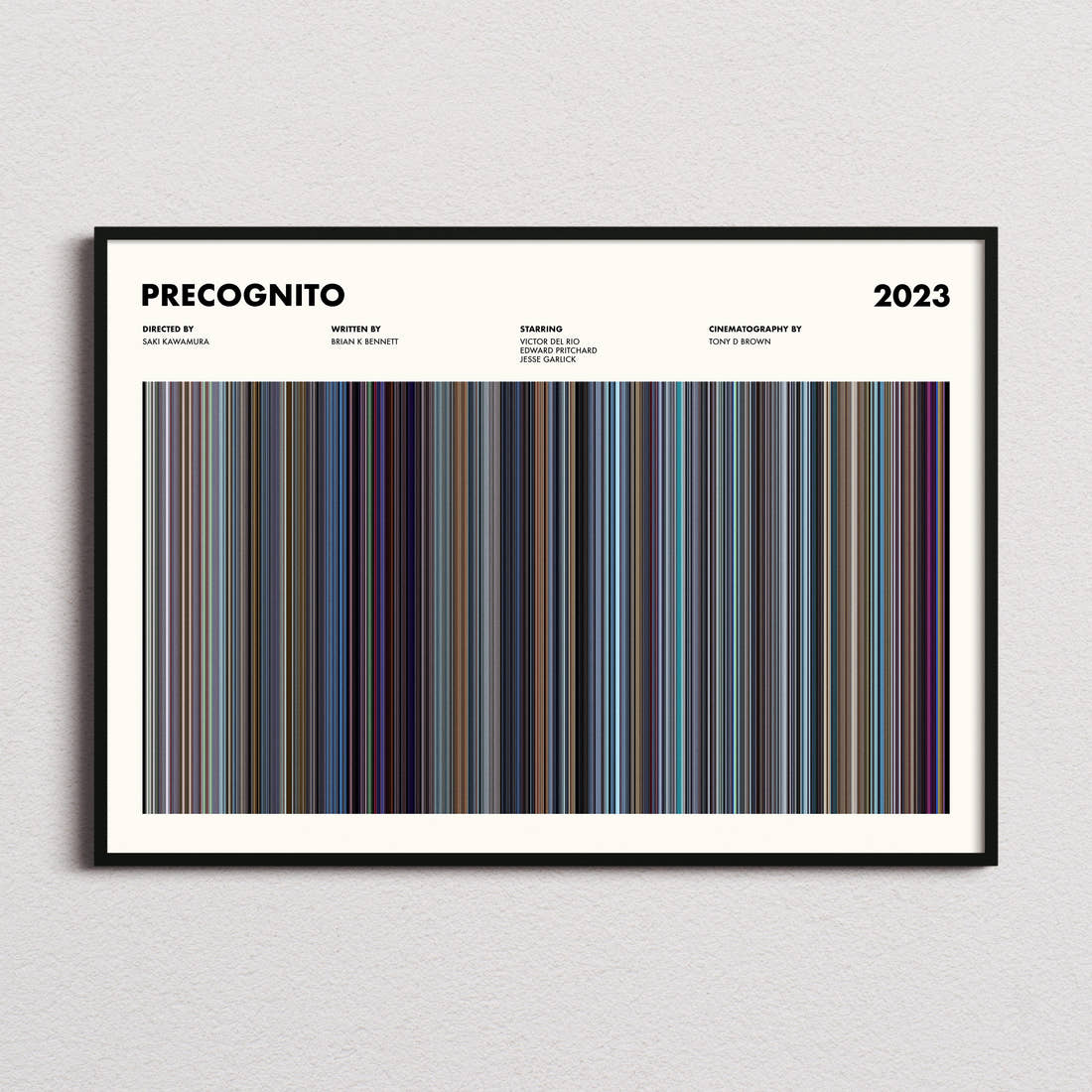 Precognito Movie Barcode Poster framed and photographed straight on