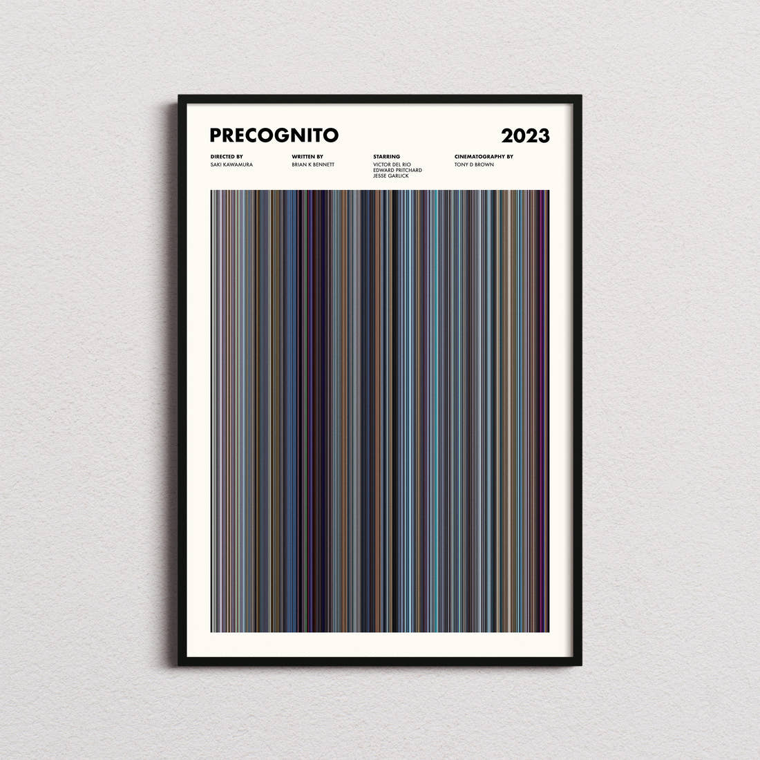 Precognito Movie Barcode Poster framed on a plain studio wall