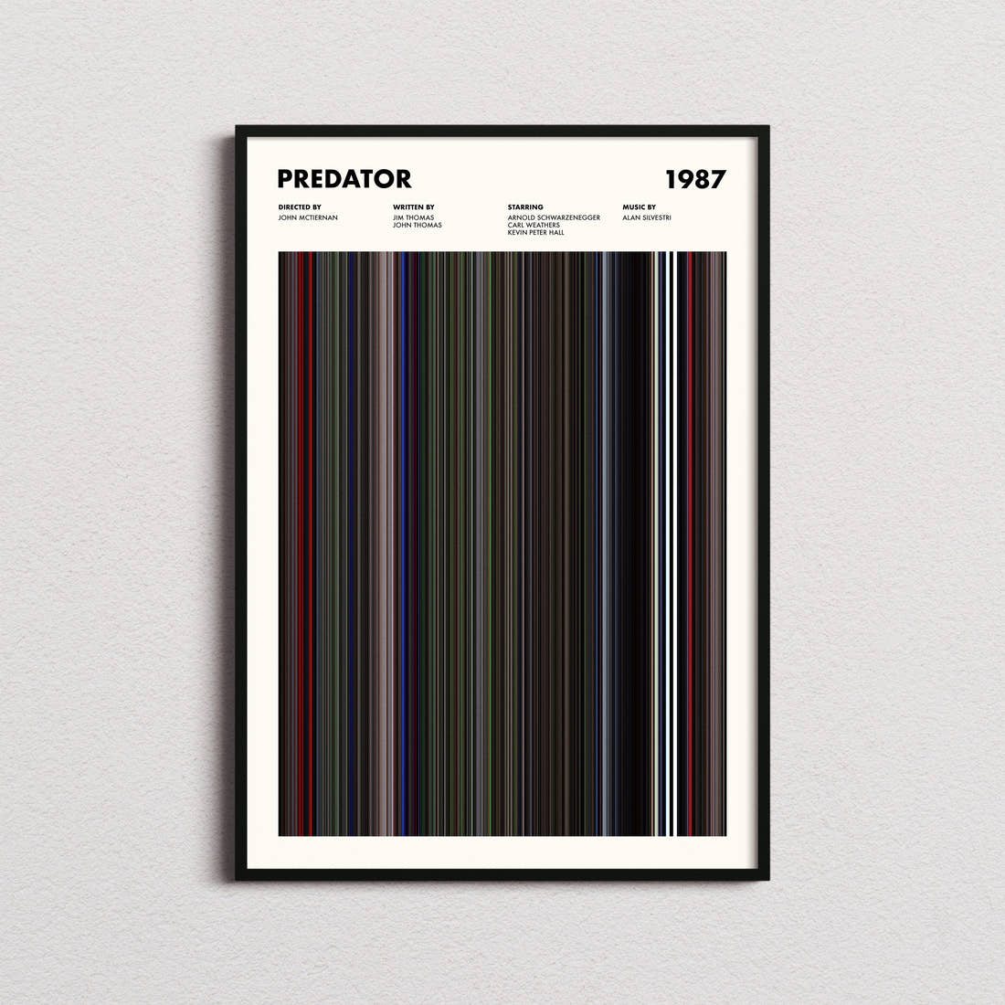 Predator Movie Barcode Poster framed on a plain studio wall