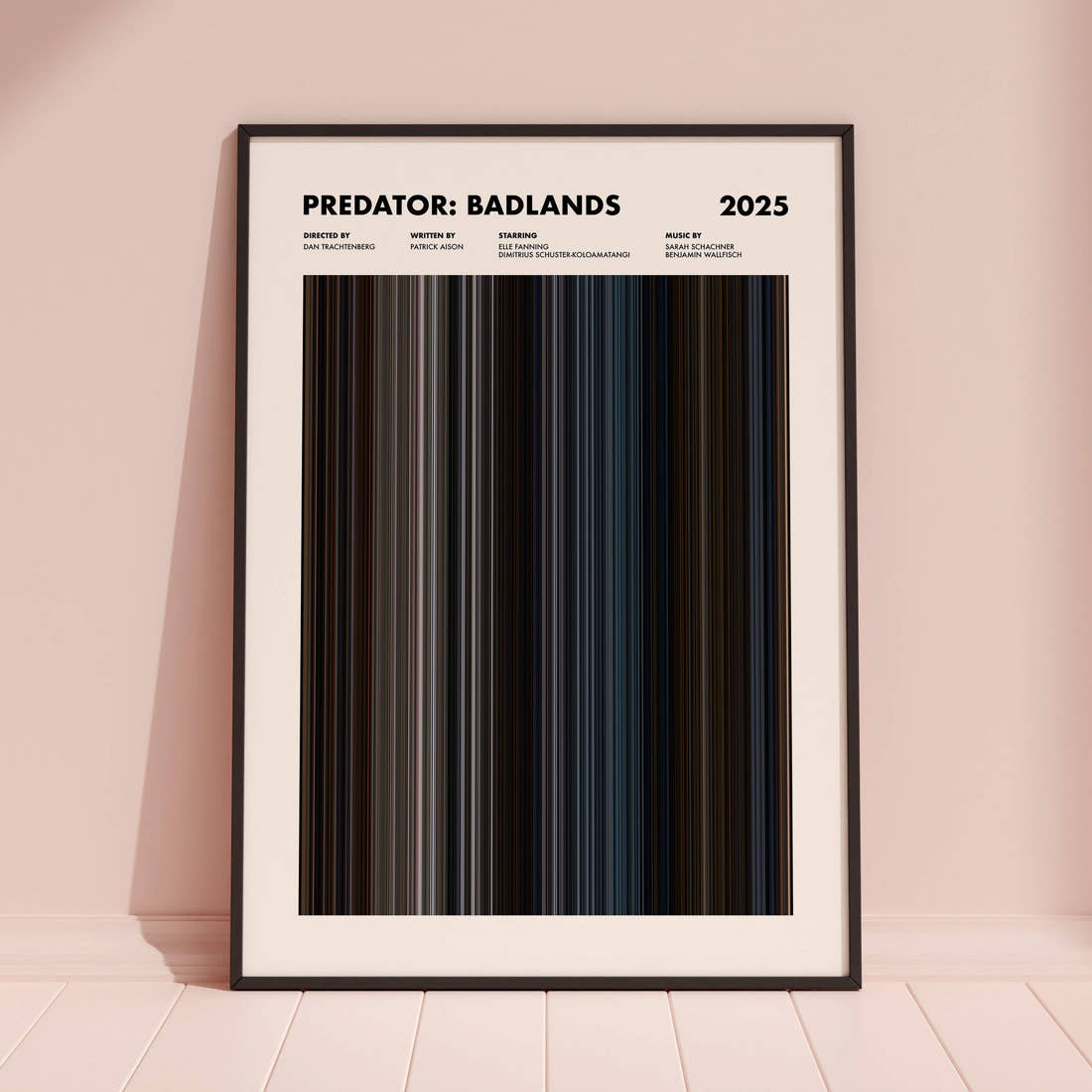 Predator: Badlands Movie Barcode Poster framed and leaning against a coloured wall