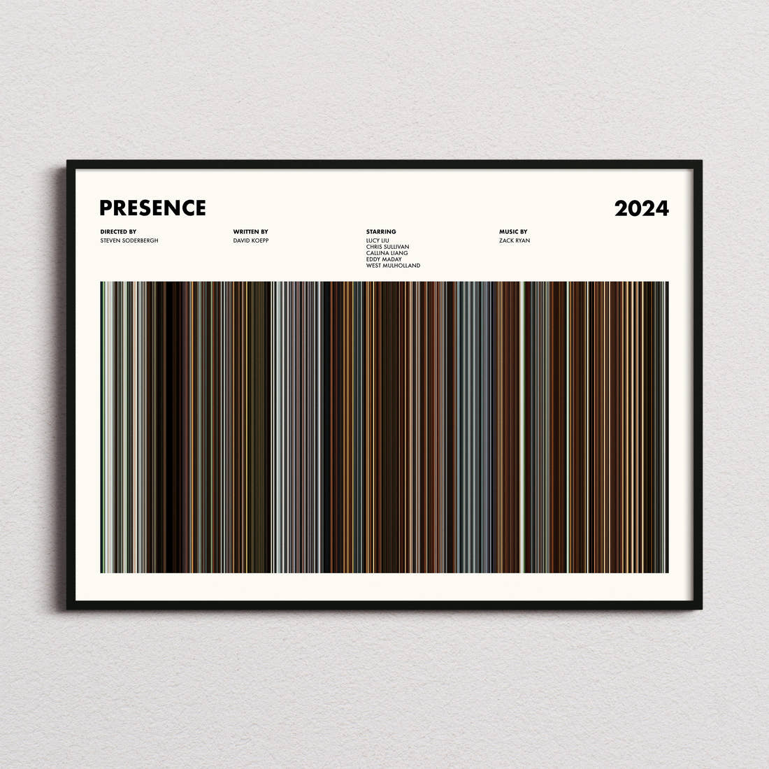 Presence Movie Barcode Poster framed and photographed straight on