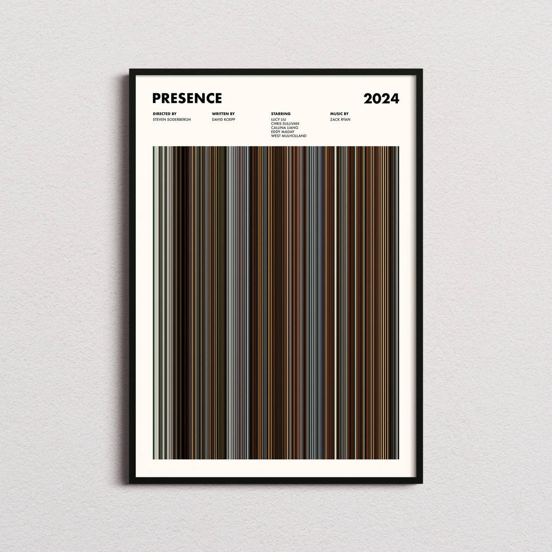 Presence Movie Barcode Poster framed on a plain studio wall