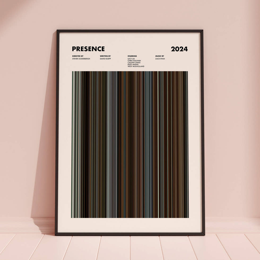 Presence Movie Barcode Poster framed and leaning against a coloured wall