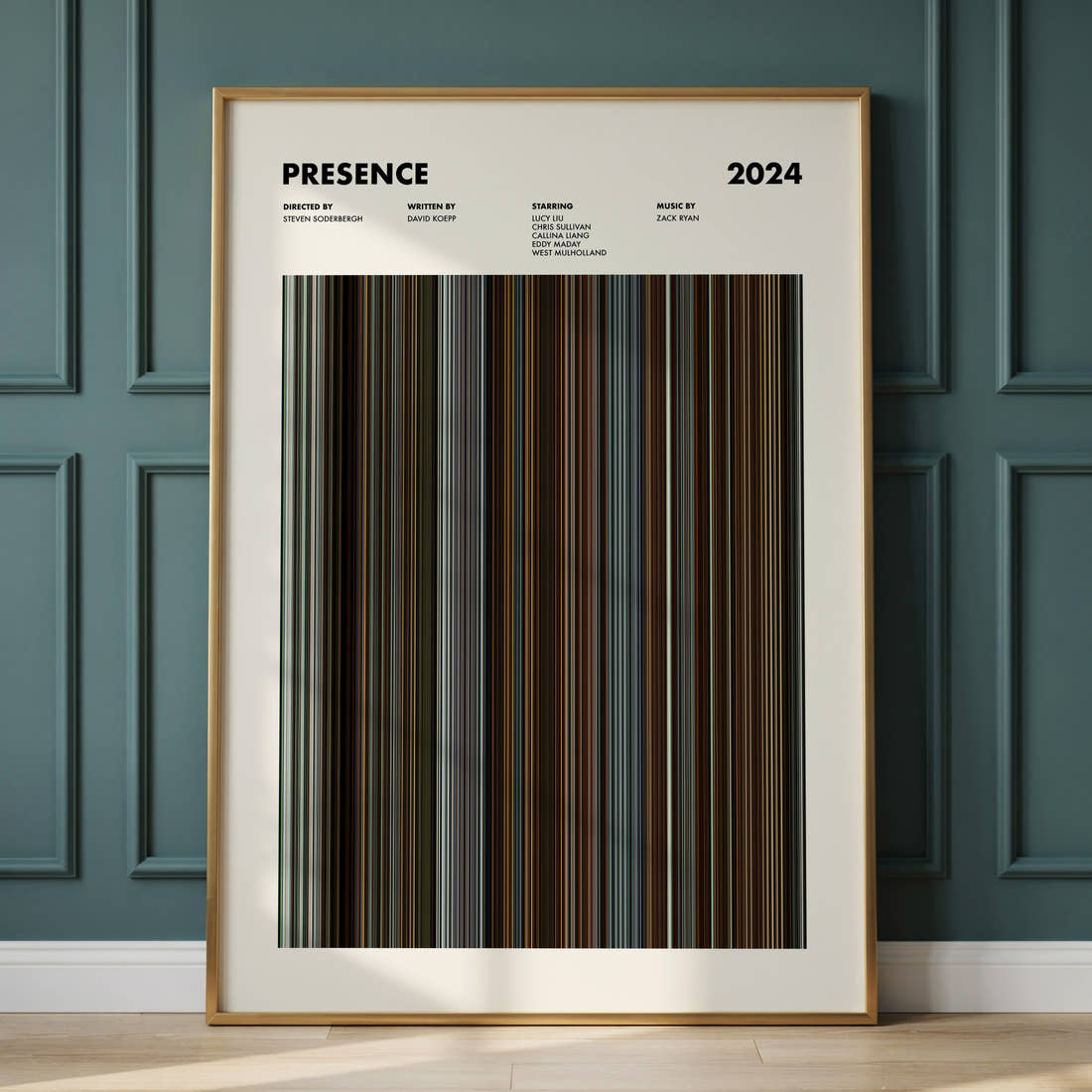 Presence Movie Barcode Poster framed and leaning against a panelled wall