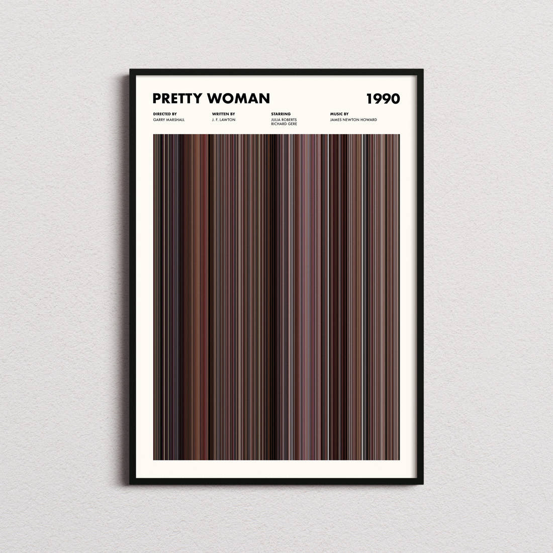 Pretty Woman Movie Barcode Poster framed on a plain studio wall