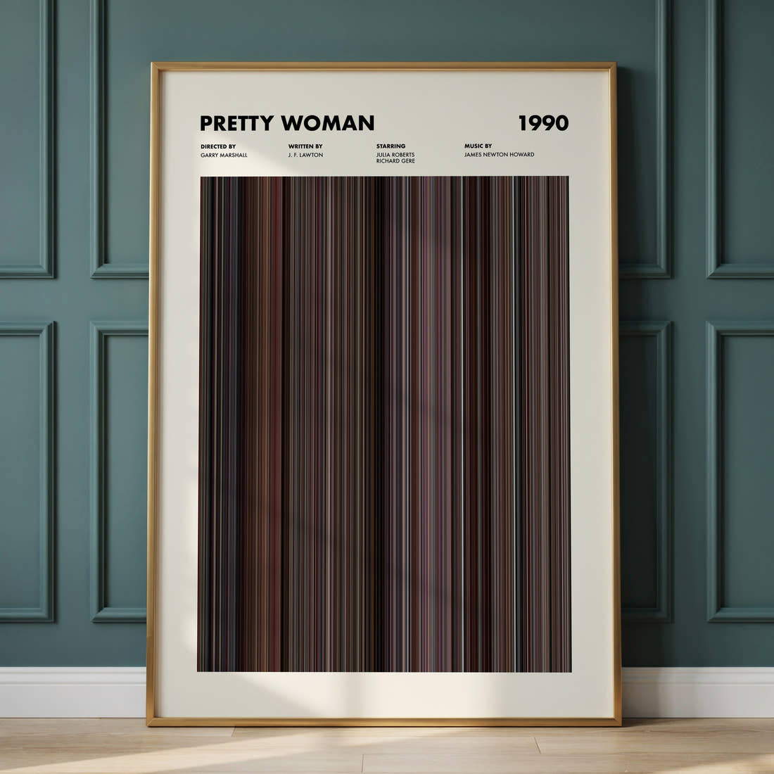 Pretty Woman Movie Barcode Poster framed and leaning against a panelled wall