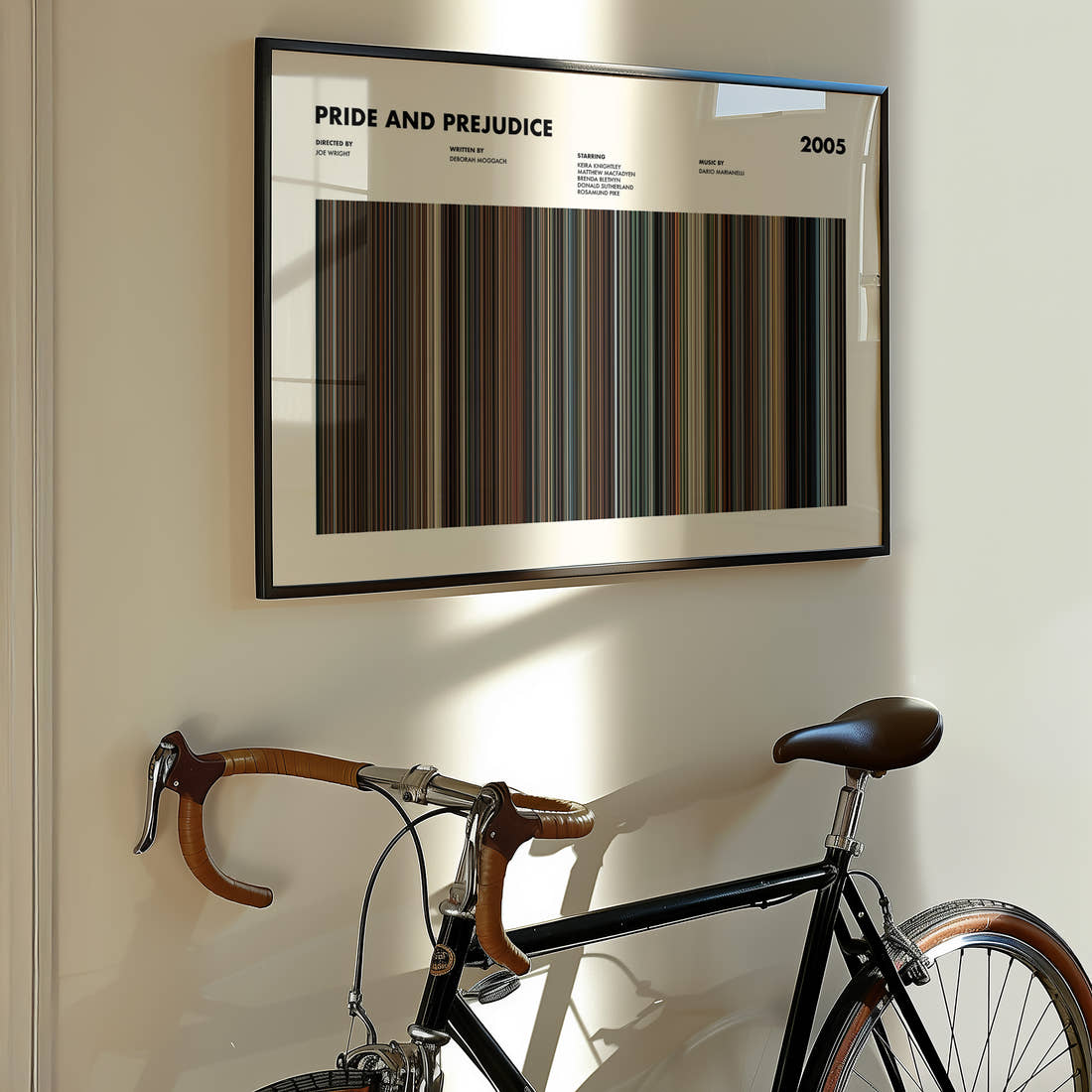 Pride and Prejudice 2005 Movie Barcode Poster framed on the wall of a styled room setting