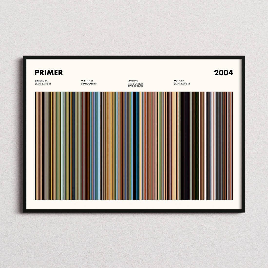 Primer Movie Barcode Poster framed and photographed straight on