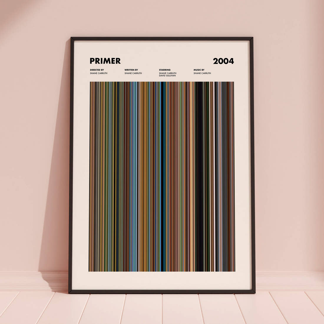 Primer Movie Barcode Poster framed and leaning against a coloured wall