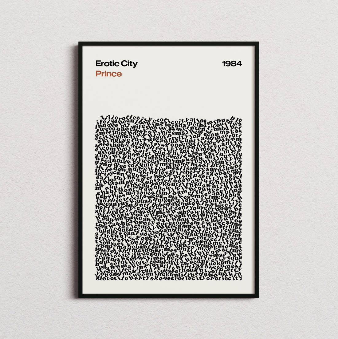Prince Erotic City Lyric Print in the cream colourway, framed