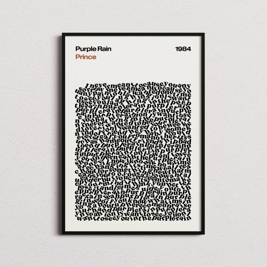 Prince Purple Rain Lyric Print in the cream colourway, framed