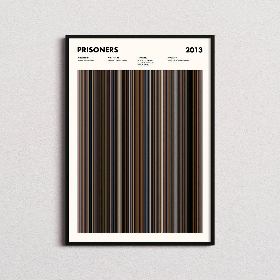 Prisoners Movie Barcode Poster framed on a plain studio wall