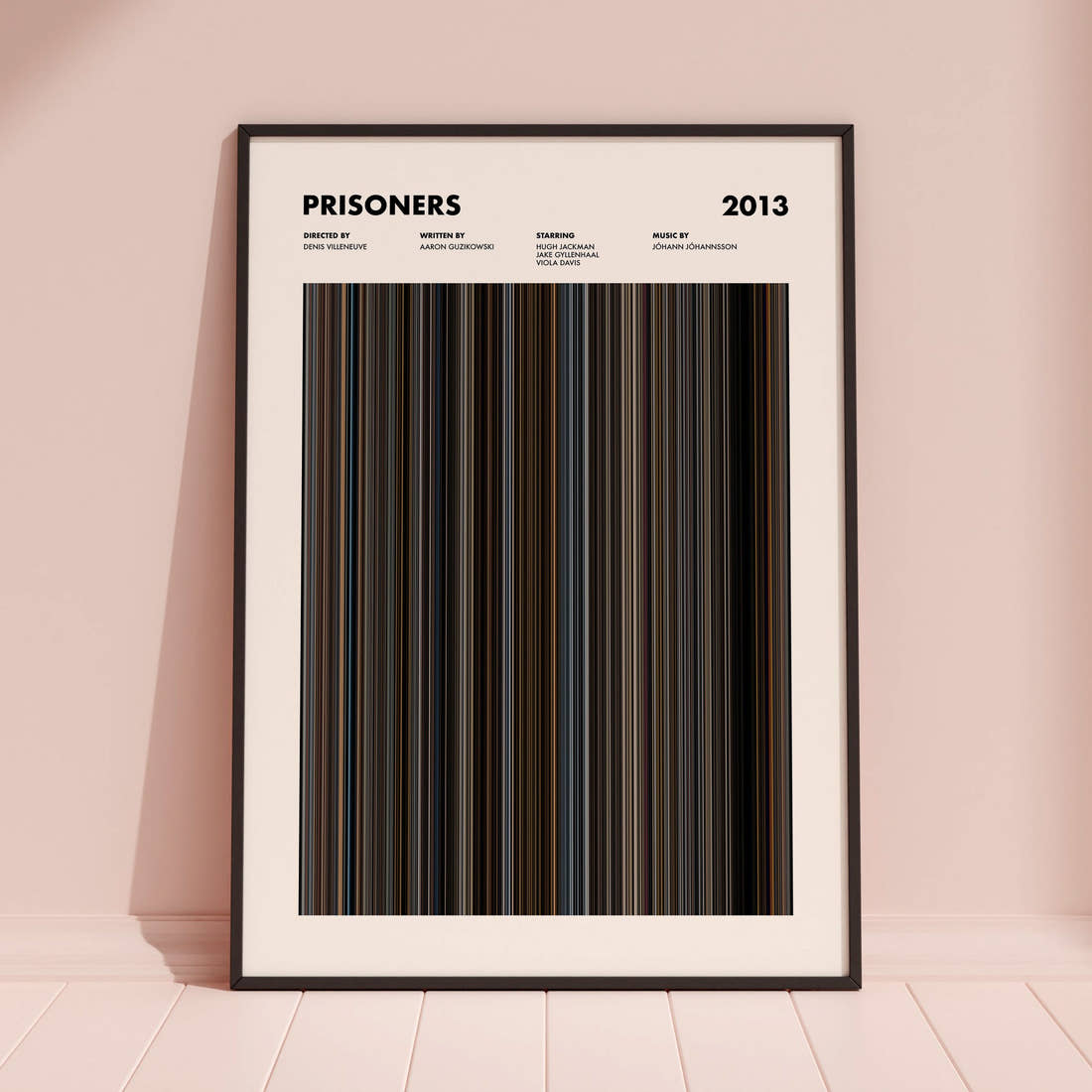 Prisoners Movie Barcode Poster framed and leaning against a coloured wall