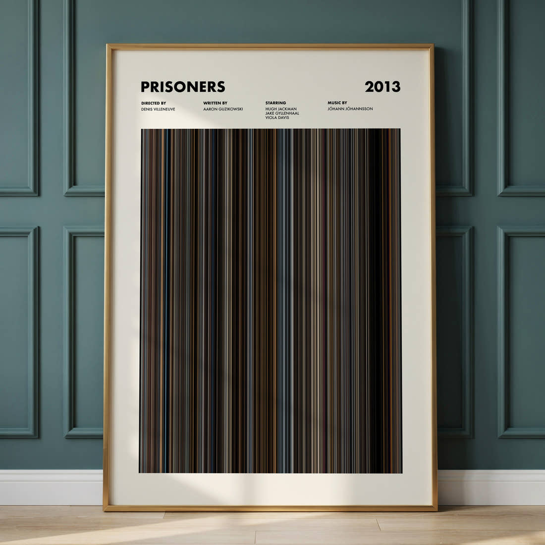 Prisoners Movie Barcode Poster framed and leaning against a panelled wall