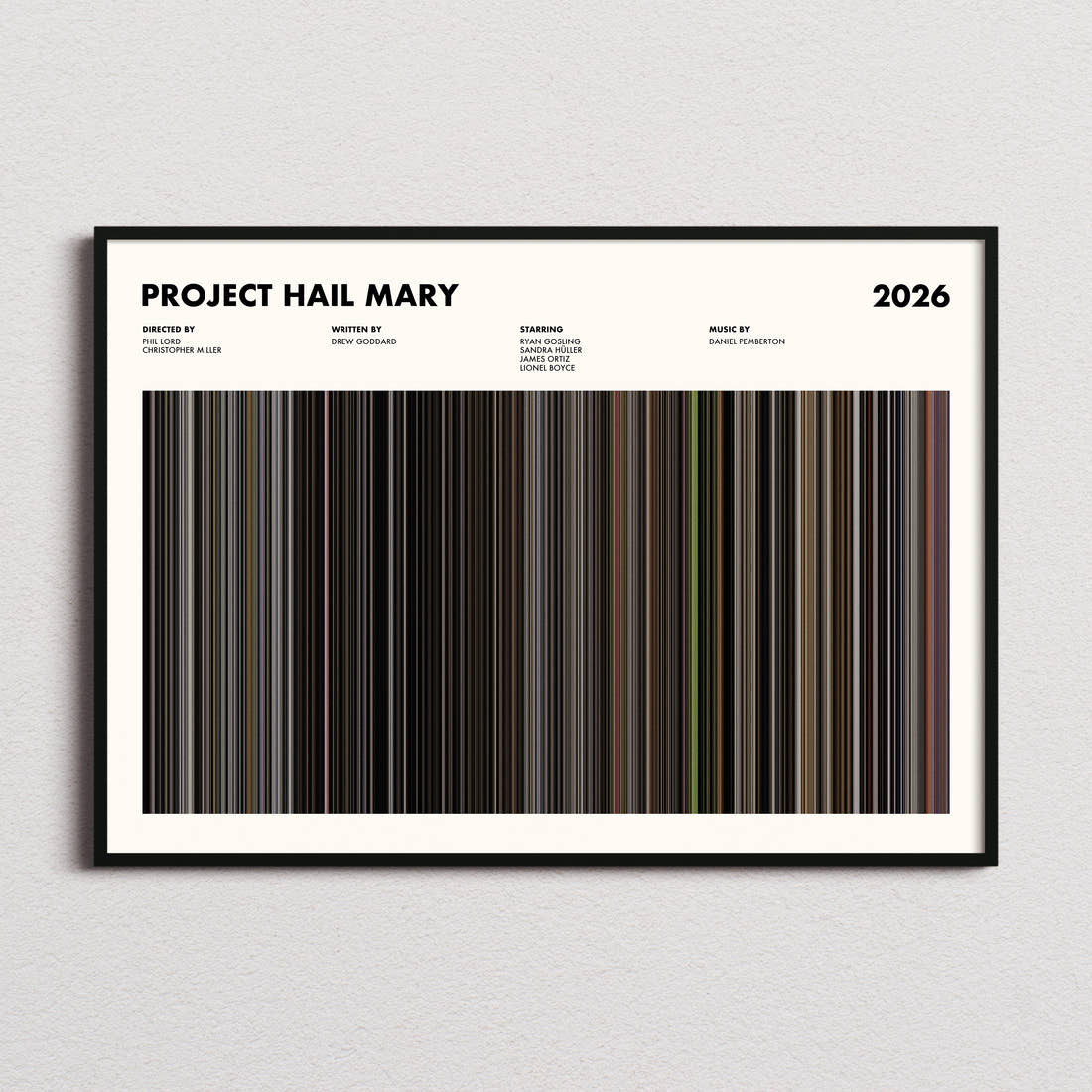 Project Hail Mary Movie Barcode Poster framed and photographed straight on