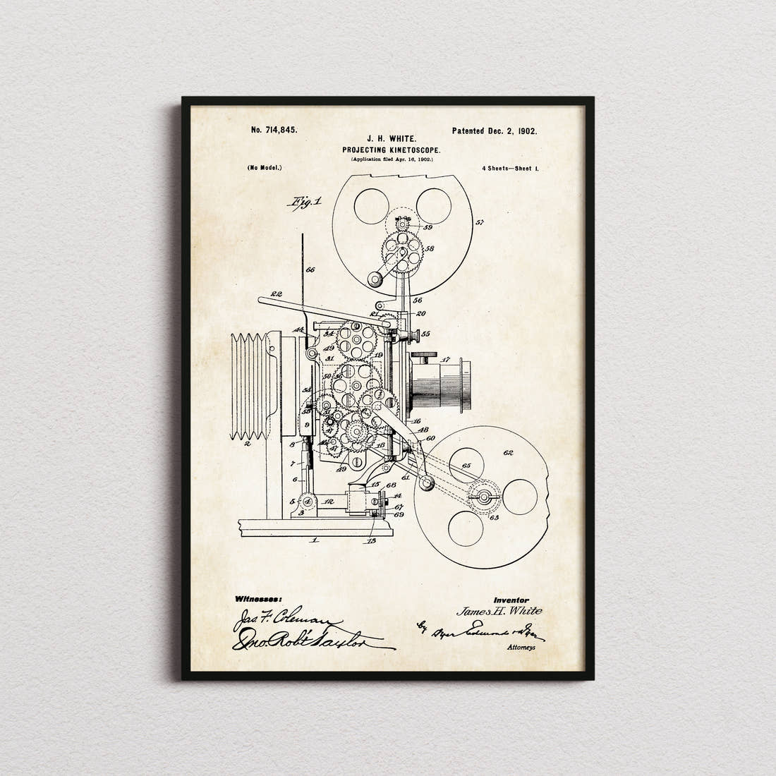 Projecting Kinetoscope Patent Print in the aged paper colourway, framed