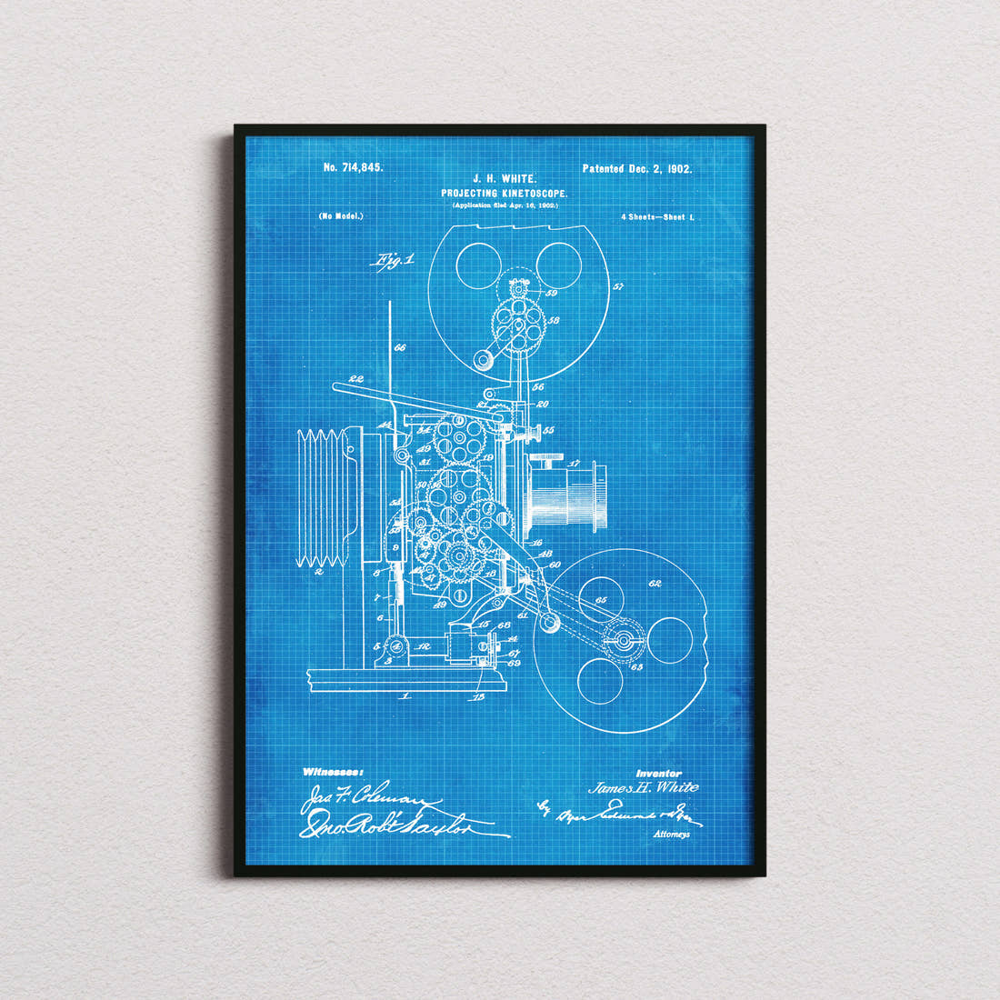 Projecting Kinetoscope Patent Print in the blueprint colourway, framed