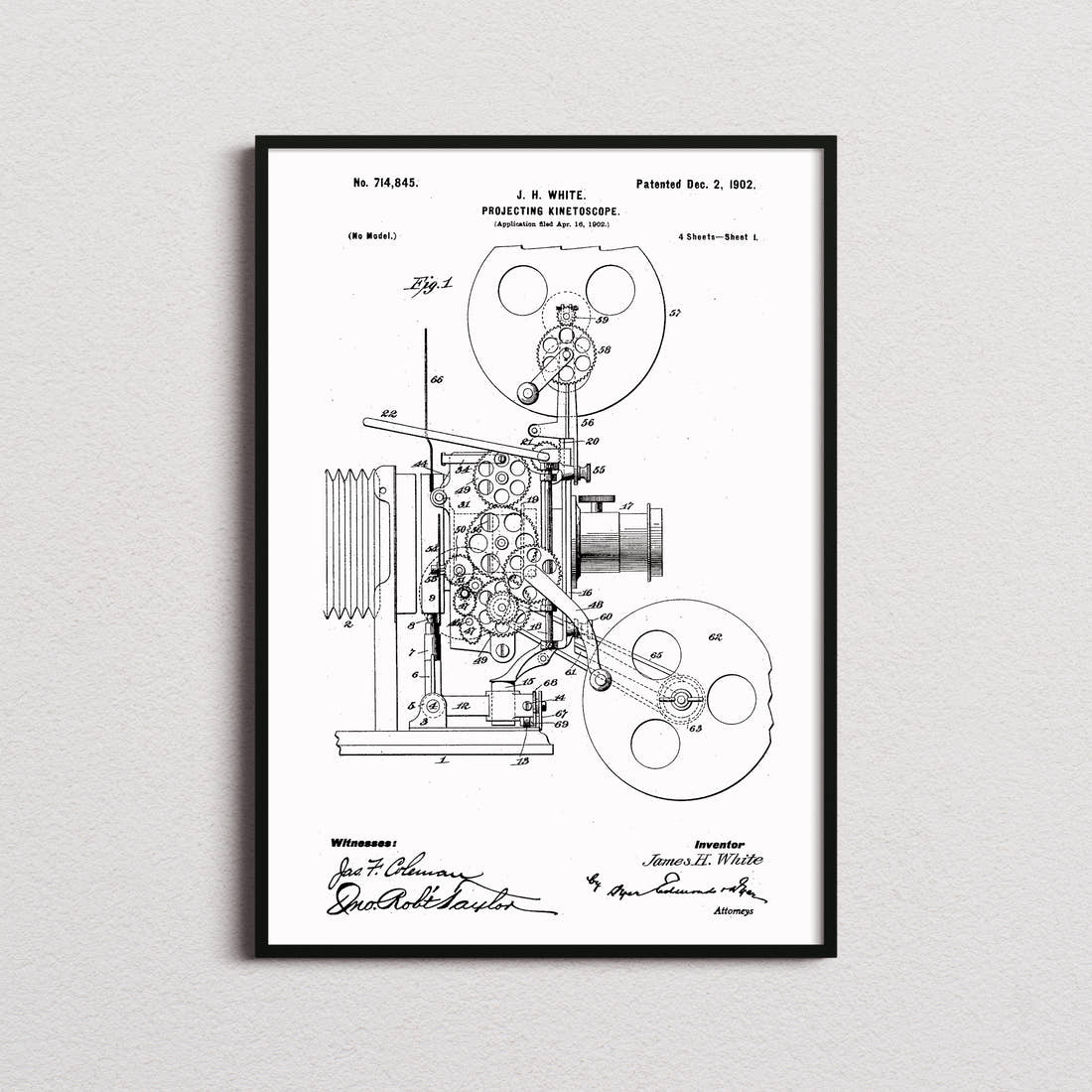 Projecting Kinetoscope Patent Print in the white colourway, framed
