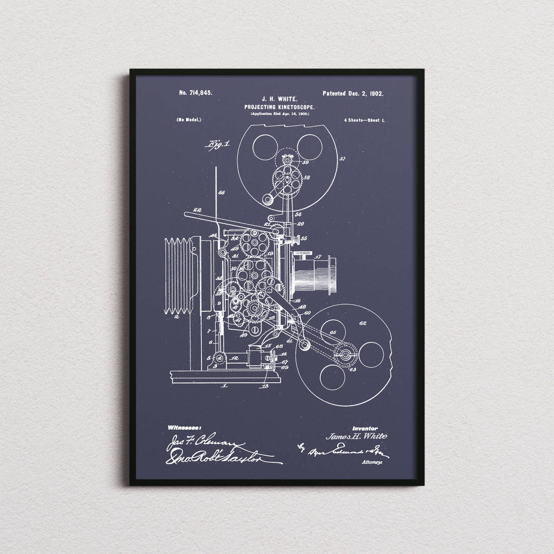 Projecting Kinetoscope Patent Print in the navy colourway, framed