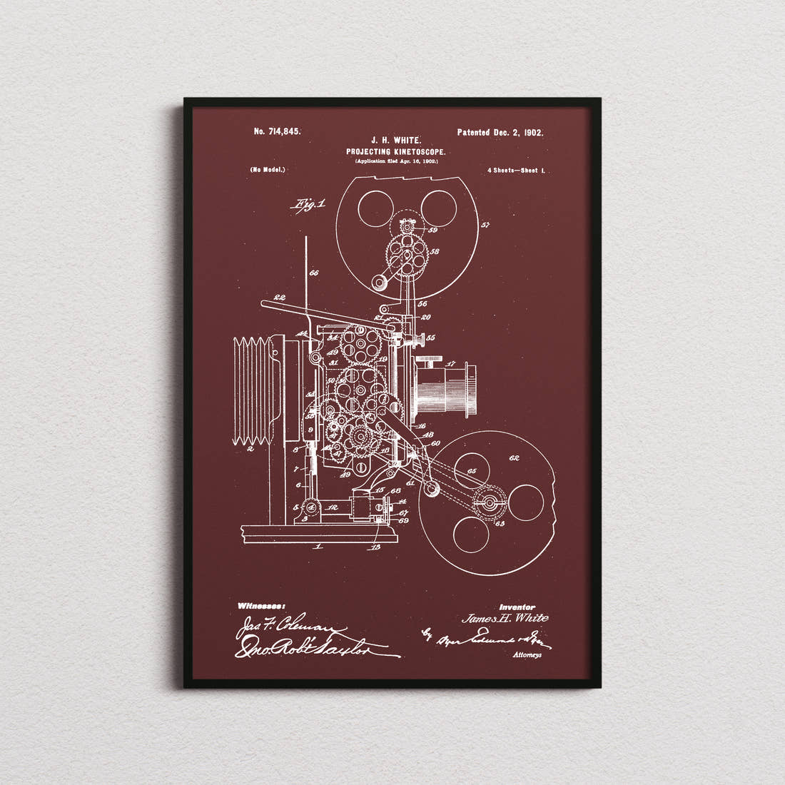 Projecting Kinetoscope Patent Print in the burgundy colourway, framed