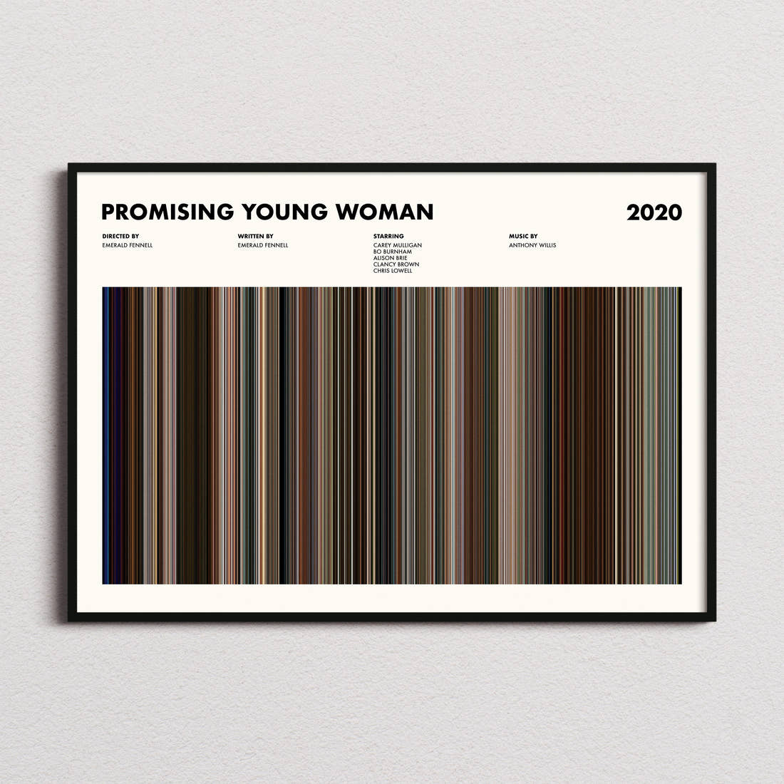 Promising Young Woman Movie Barcode Poster framed and photographed straight on