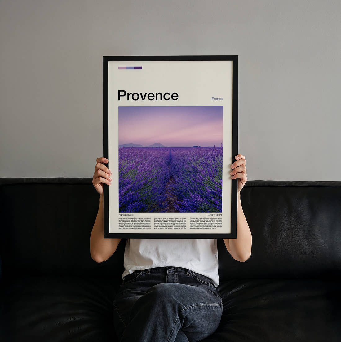 Provence Lavender Field Travel Print held up by hand to show the size of the print
