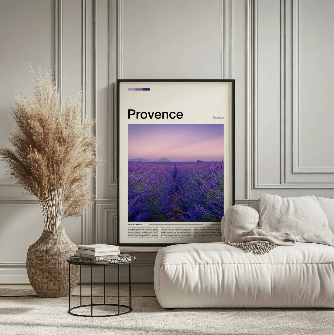 Provence Lavender Field Travel Print framed on the wall of a calm, neutral bedroom
