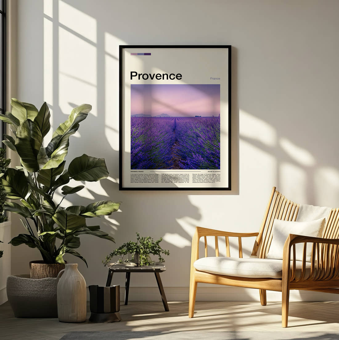 Provence Lavender Field Travel Print framed on a pale wall beside houseplants