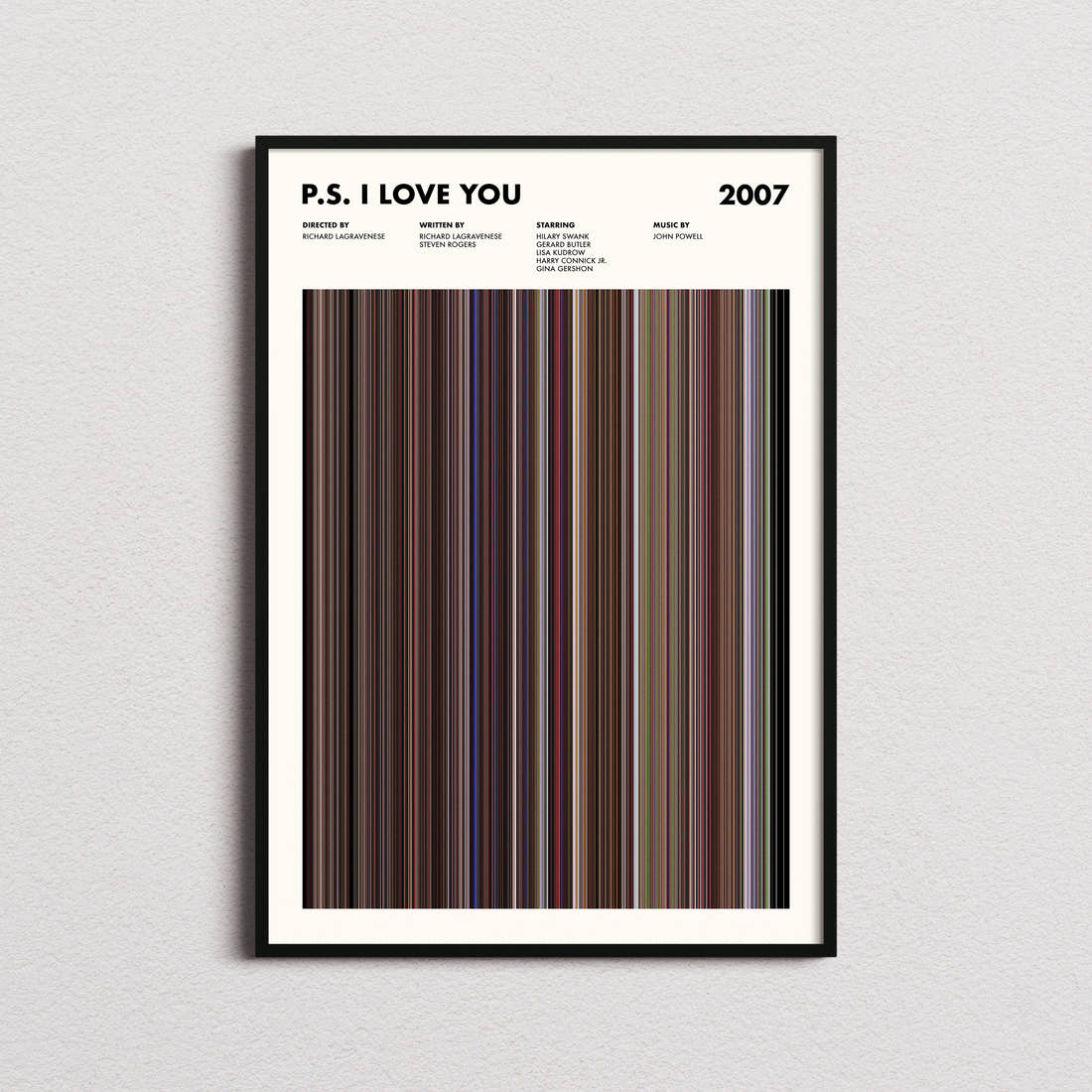 P.S. I Love You Movie Barcode Poster framed on a plain studio wall