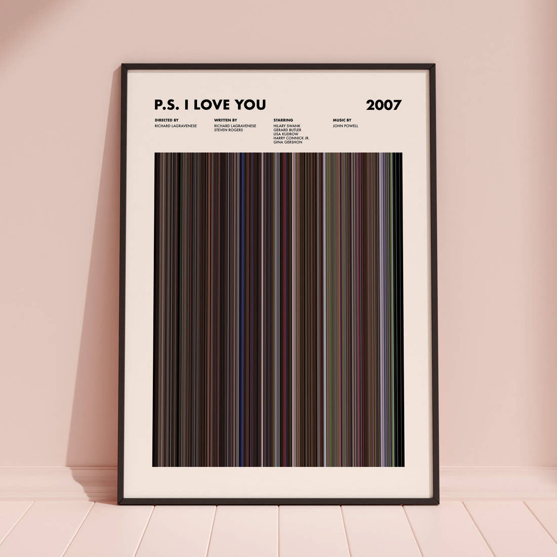 P.S. I Love You Movie Barcode Poster framed and leaning against a coloured wall
