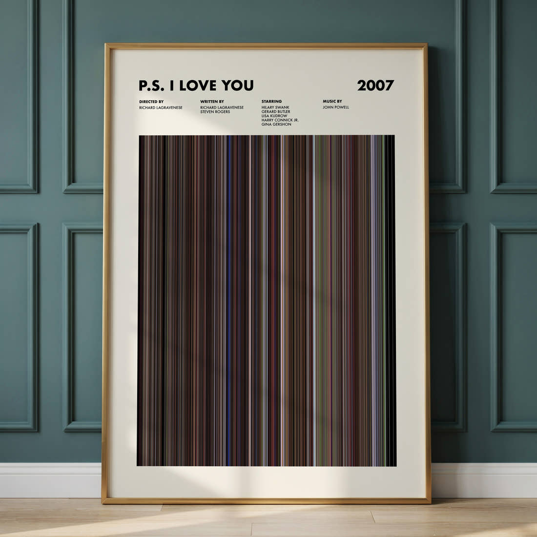 P.S. I Love You Movie Barcode Poster framed and leaning against a panelled wall