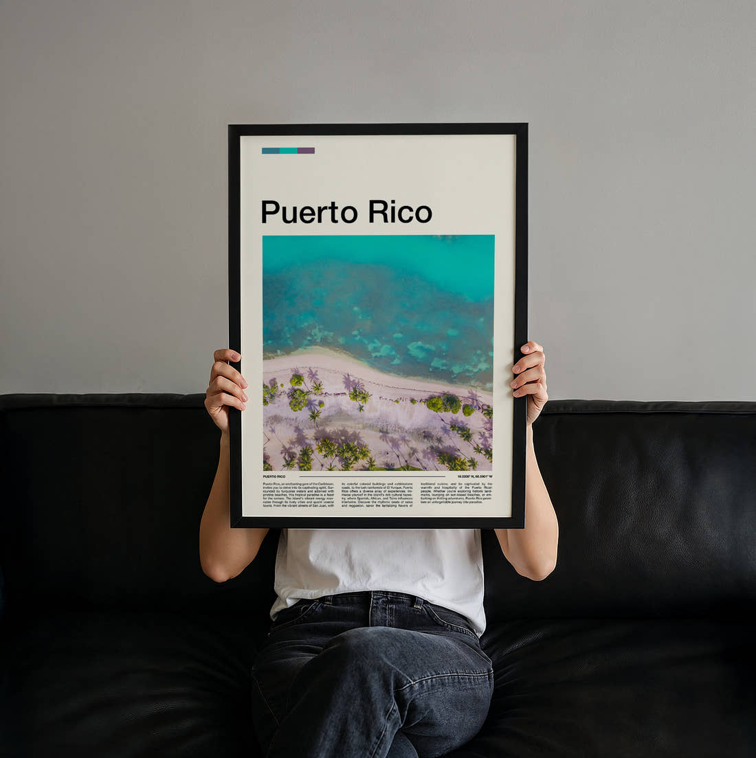 Puerto Rico Turquoise Shallows From Above Travel Print held up by hand to show the size of the print