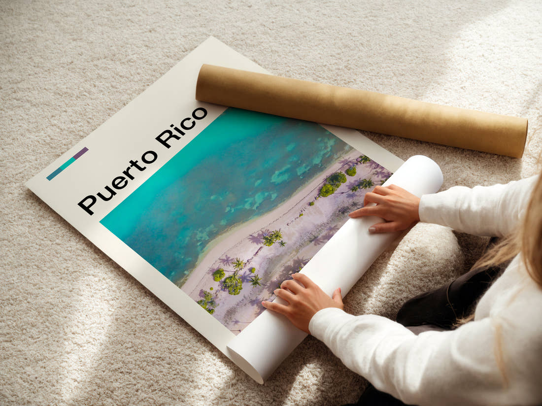 Puerto Rico Turquoise Shallows From Above Travel Print being unrolled from its postal tube
