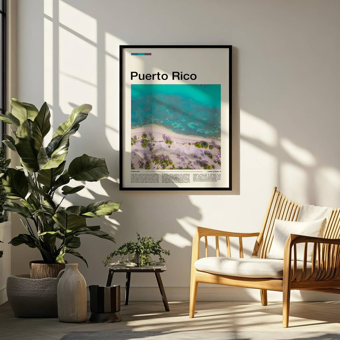 Puerto Rico Turquoise Shallows From Above Travel Print framed on a pale wall beside houseplants