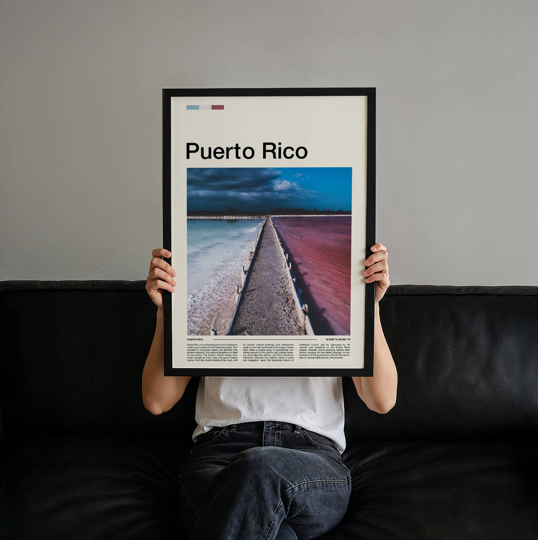 Puerto Rico Pink Water And Breakwater Travel Print held up by hand to show the size of the print