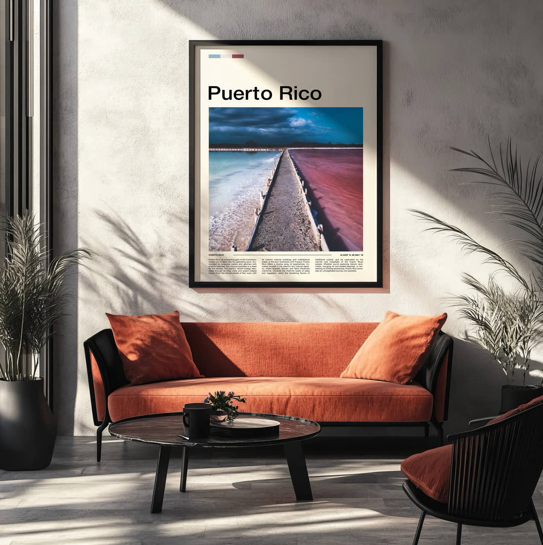 Puerto Rico Pink Water And Breakwater Travel Print framed on the wall of a modern living room