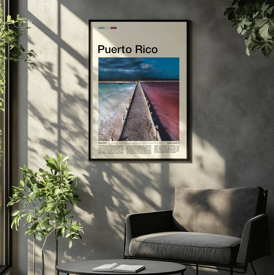 Puerto Rico Pink Water And Breakwater Travel Print framed on the wall of a relaxed living room