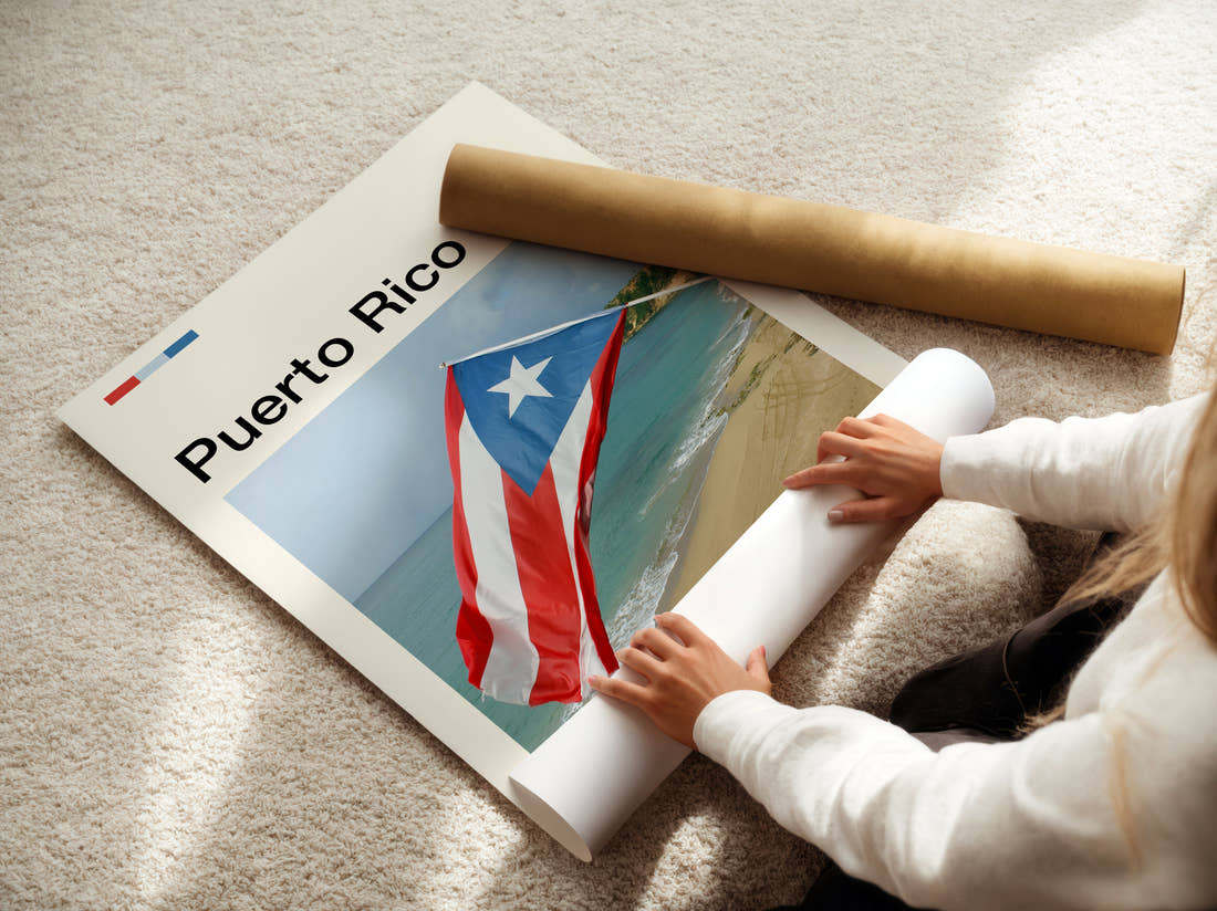 Puerto Rico National Flag Travel Print being unrolled from its postal tube