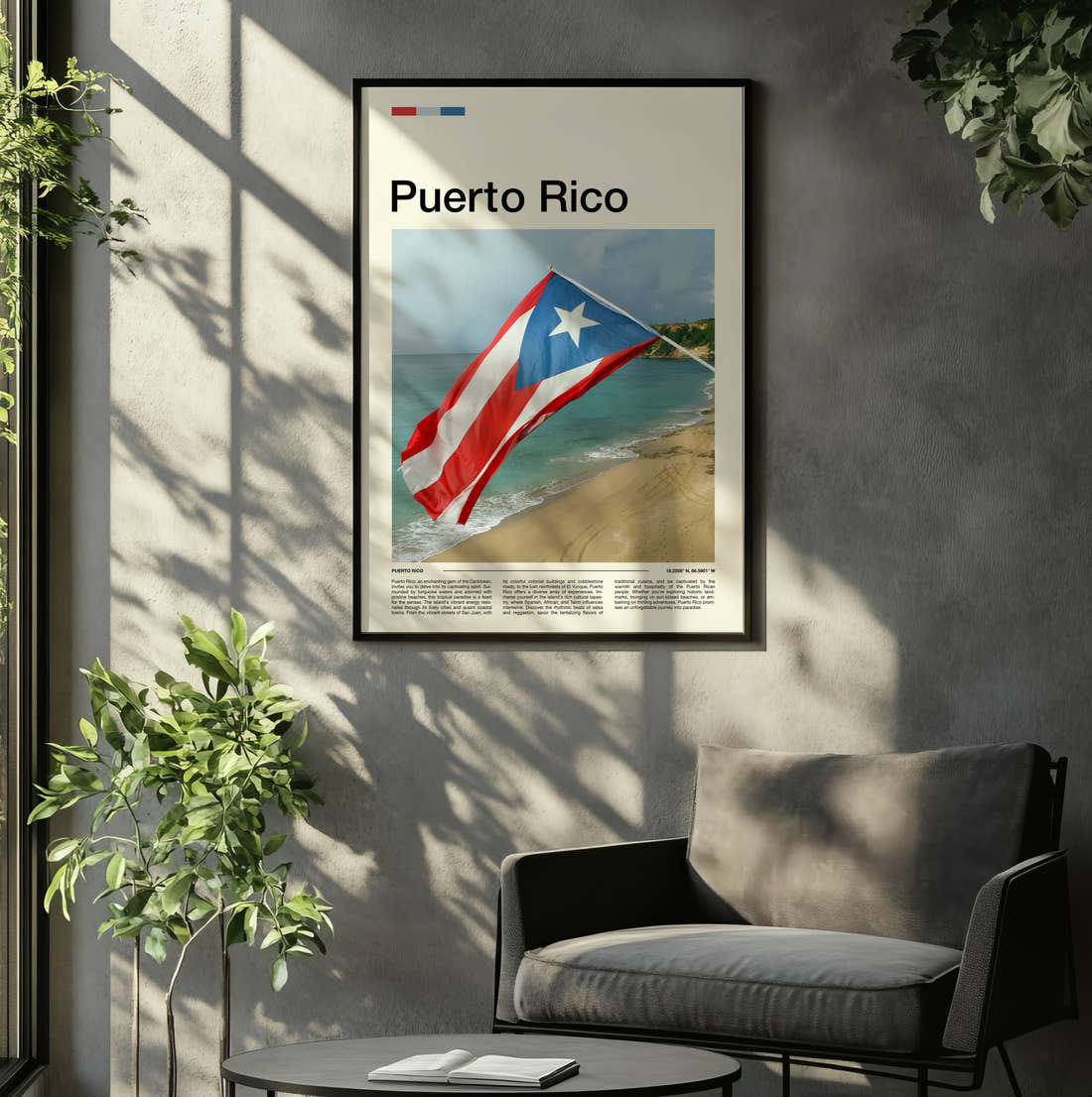 Puerto Rico National Flag Travel Print framed on the wall of a relaxed living room