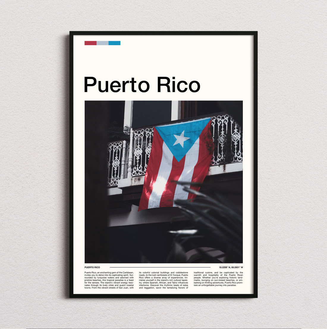 Puerto Rico Flag On Balcony Travel Print framed and photographed straight on